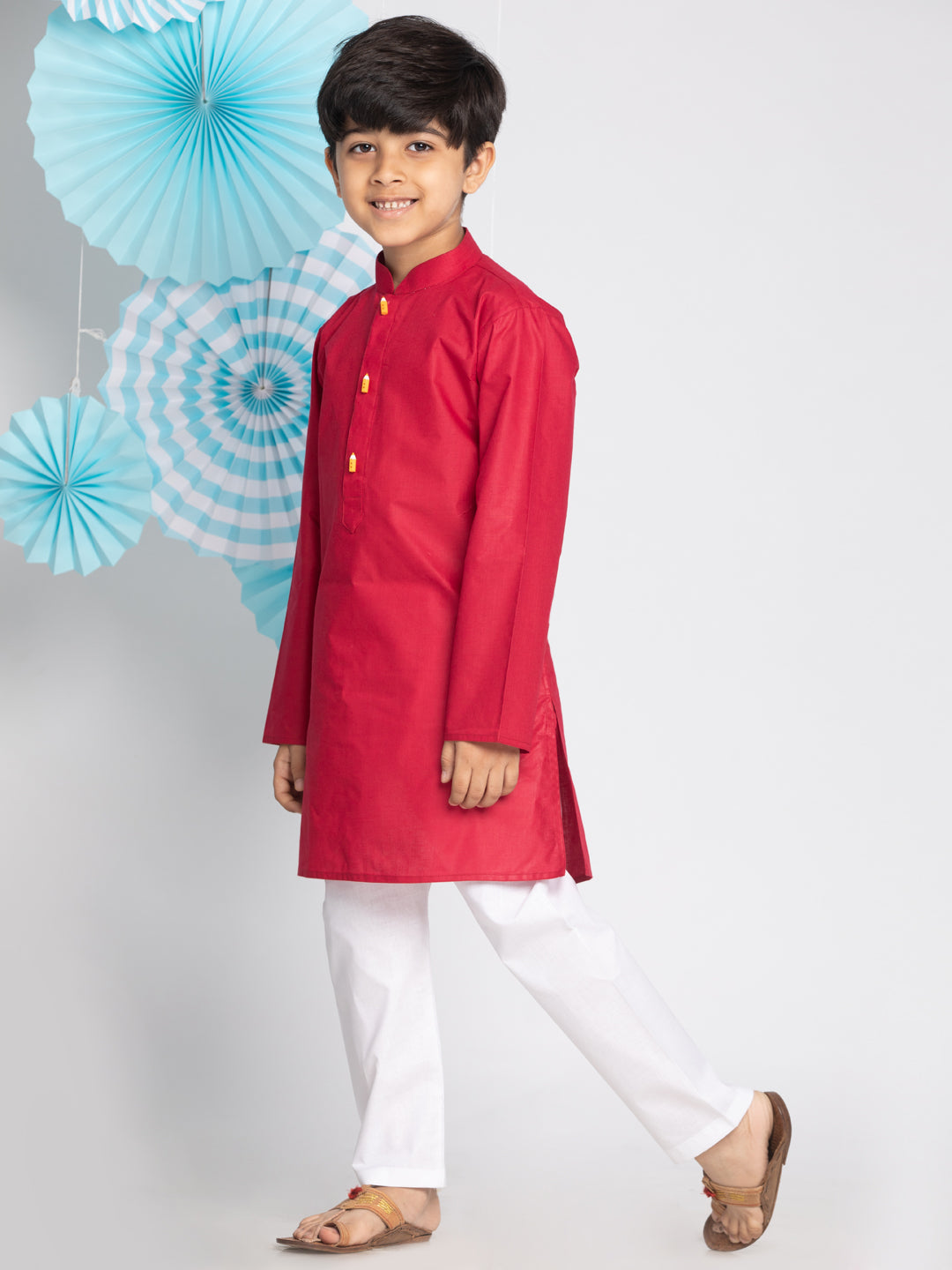 Vastramay Boy's Maroon And White Kurta Pyjama Set