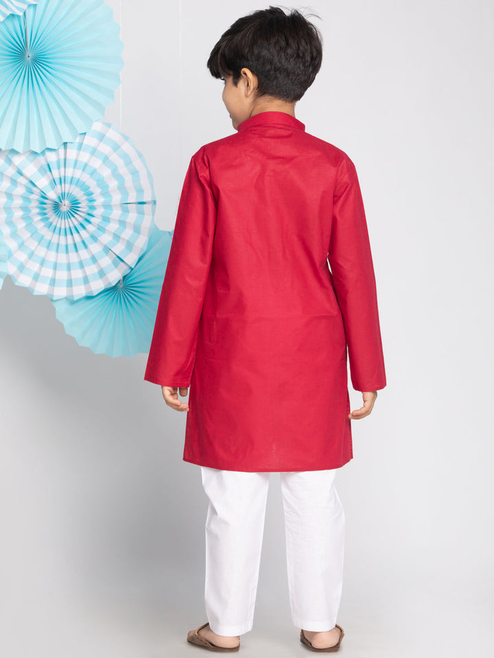 Vastramay Boy's Maroon And White Kurta Pyjama Set