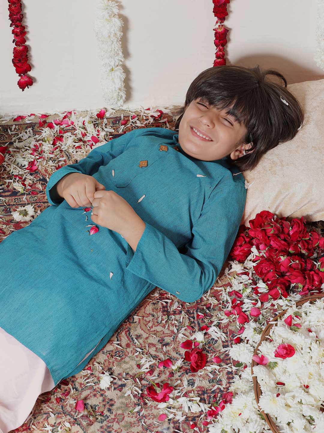 Vastramay Boy's Aqua Blue Cotton Kurta and Pyjama Set - qivii