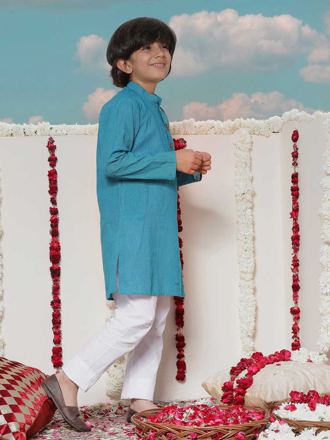 Vastramay Boy's Aqua Blue Cotton Kurta and Pyjama Set - qivii