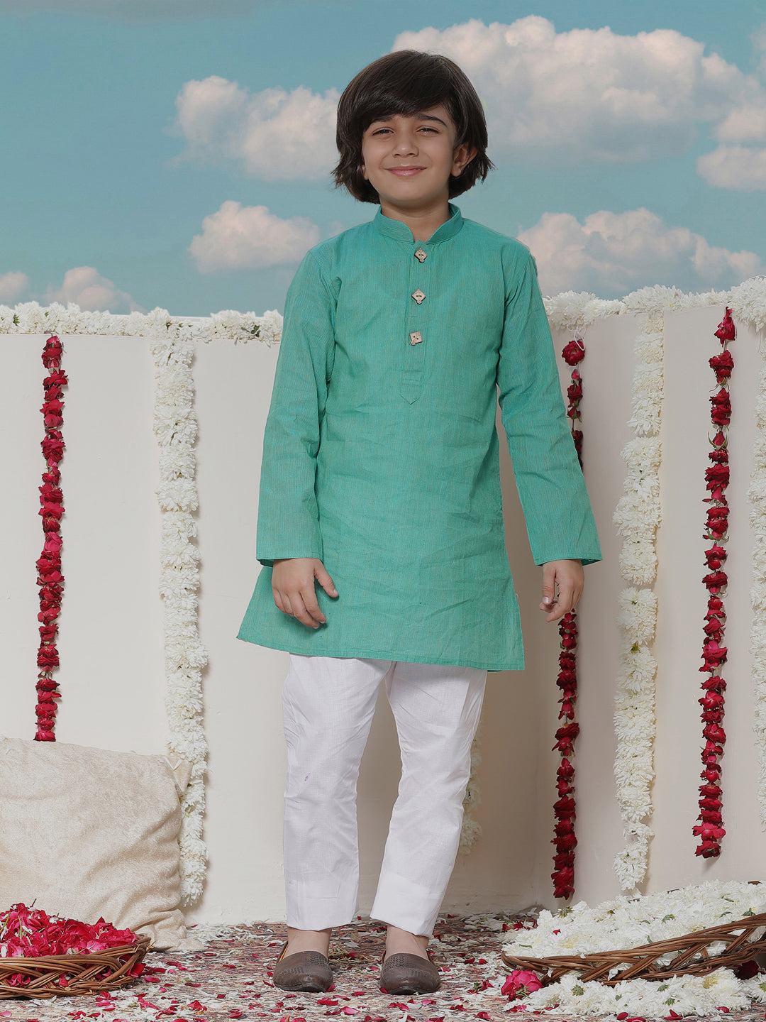 VASTRAMAY Boy's Light Blue Cotton Kurta and Pyjama Set