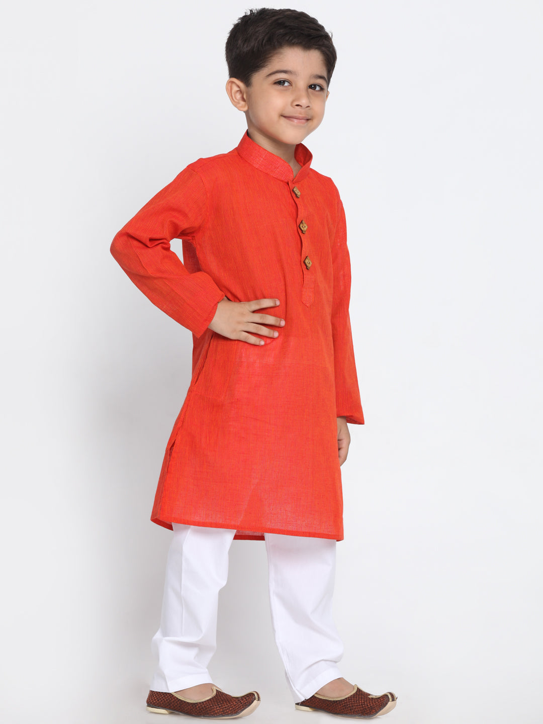 Vastramay Red Handloom Cotton Red and White Baap Beta Kurta Pyjama set