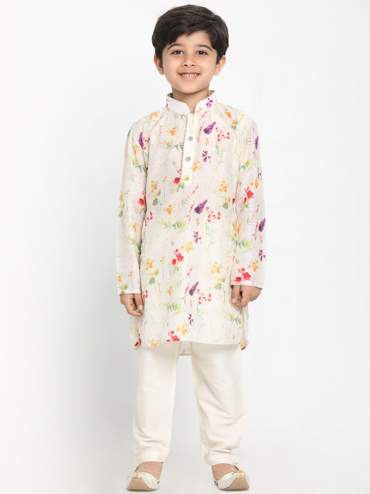 VASTRAMAY Boy's Printed Cream Cotton Blend Kurta and Pyjama Set