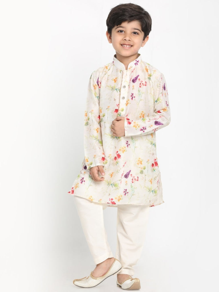 VASTRAMAY Boy's Printed Cream Cotton Blend Kurta and Pyjama Set