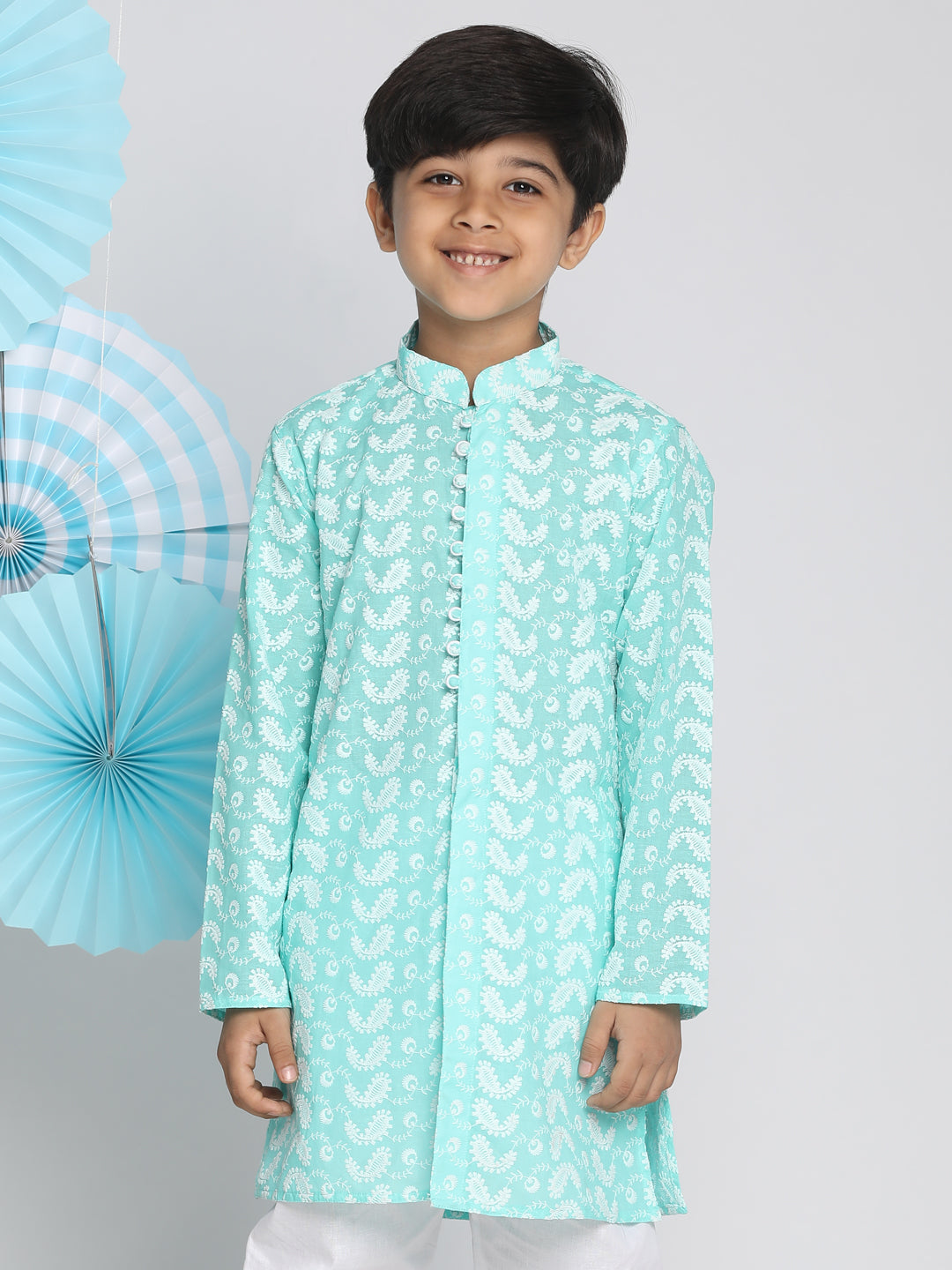 VASTRAMAY Green Pure Cotton Chikankari Kurta Blend Baap Beta Set