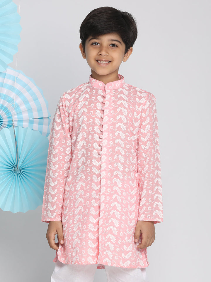 VASTRAMAY Boy's Pink Lukhnowi Chikankari Kurta