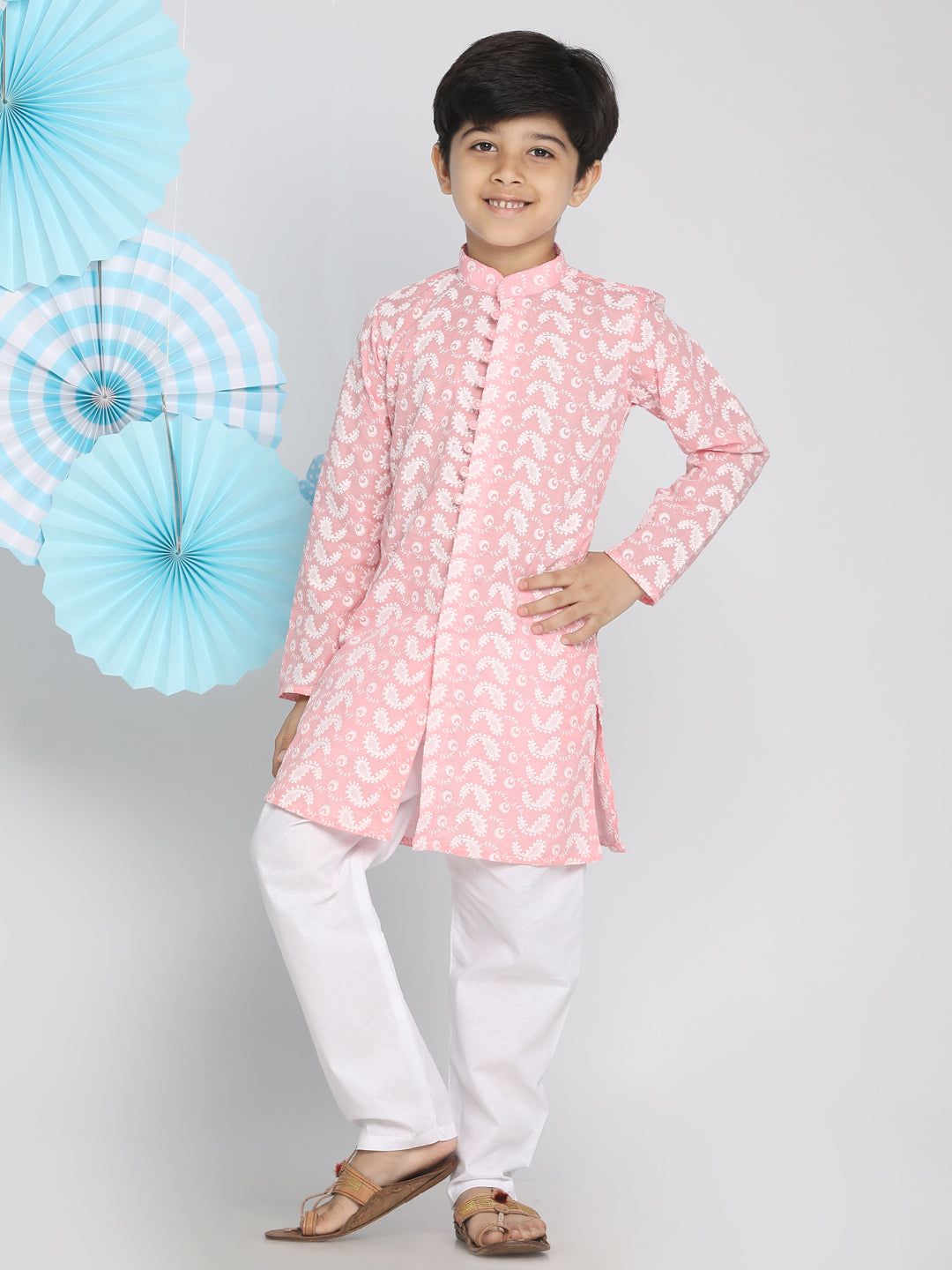 VASTRAMAY Boy's Pink Lukhnowi Chikankari Kurta