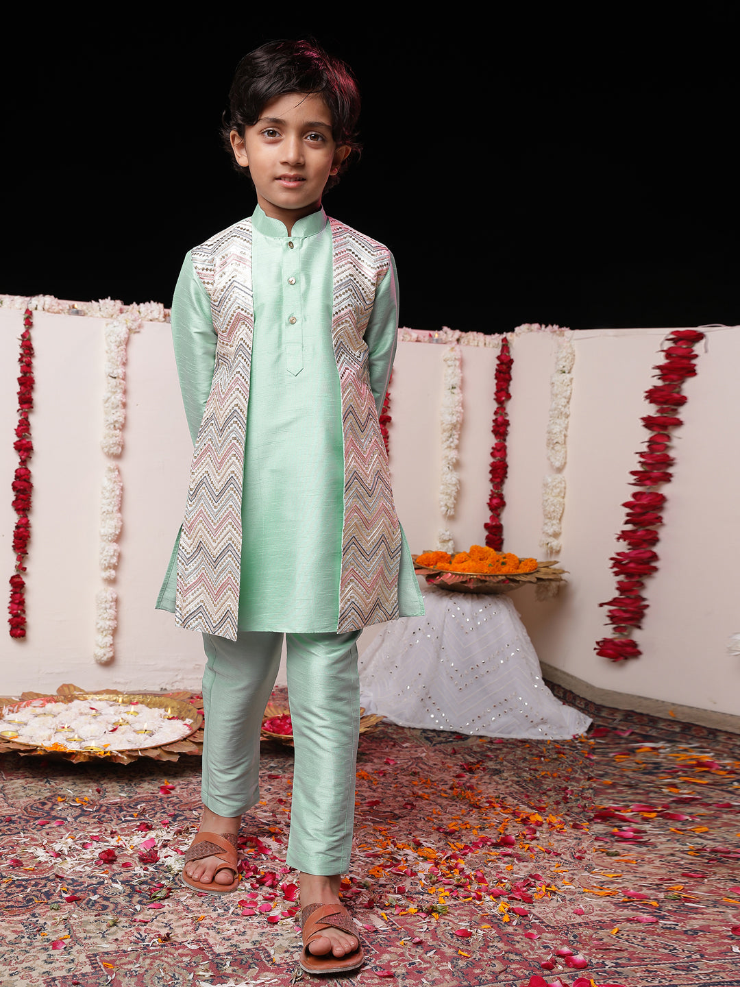 Vastramay Boys' Mint Green Flap Kurta Pyjama Set