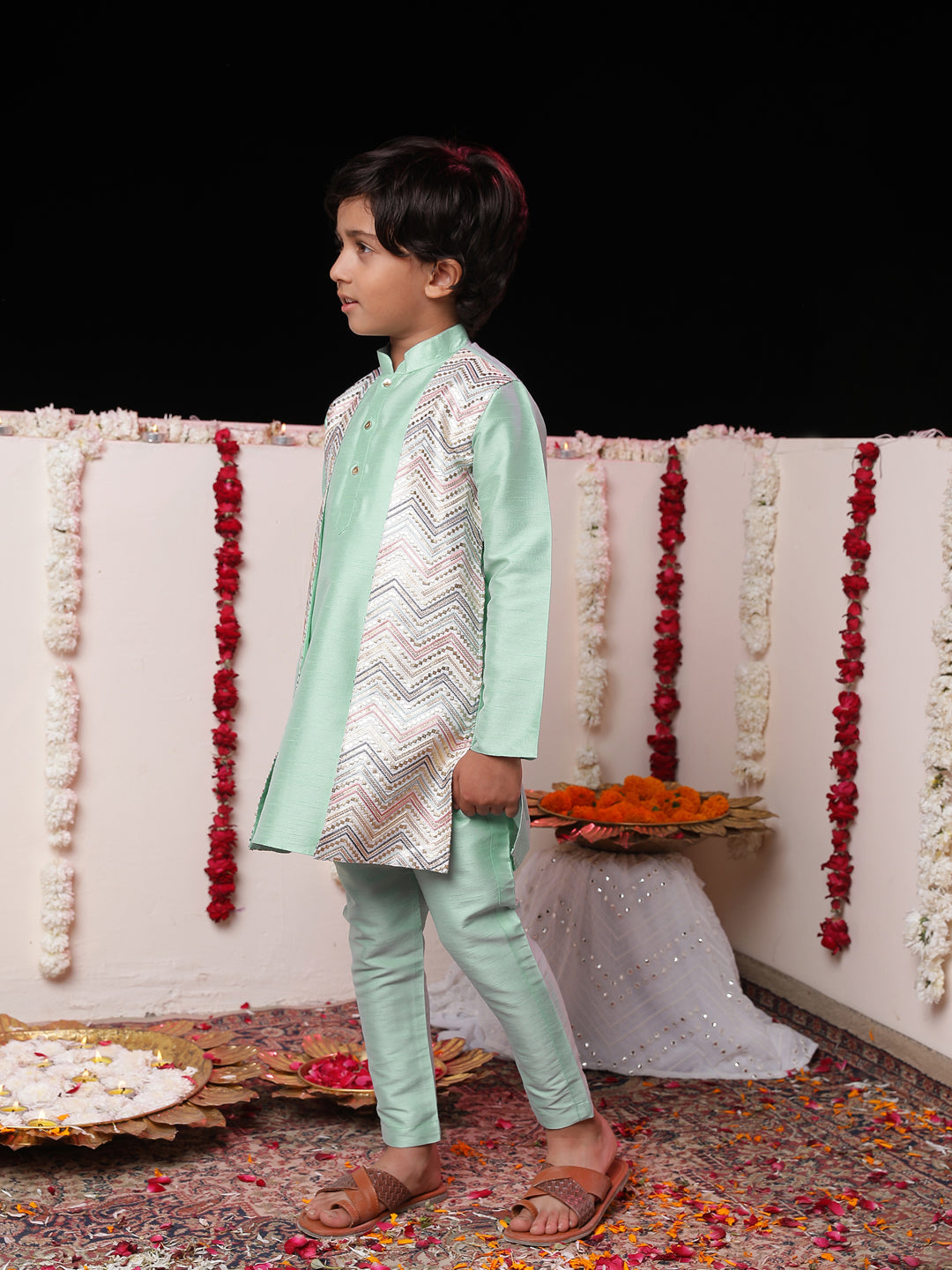 Vastramay Boys' Mint Green Flap Kurta Pyjama Set