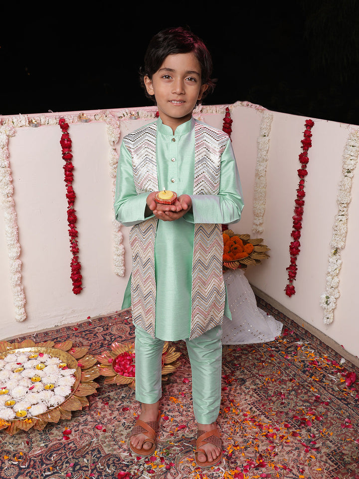 Vastramay Boys' Mint Green Flap Kurta Pyjama Set