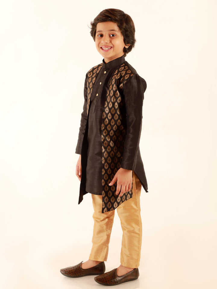 Vastramay Boys' Black Jacket Style Kurta And Rose Gold Pyjama Set