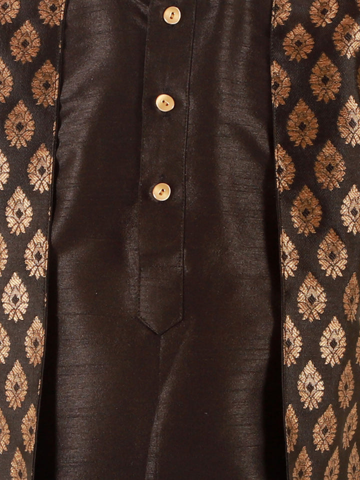 Vastramay Boys' Black Jacket Style Kurta And Rose Gold Pyjama Set