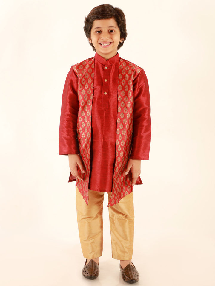 Vastramay Boys' Maroon Jacket Style Kurta And Rose Gold Pyjama Set