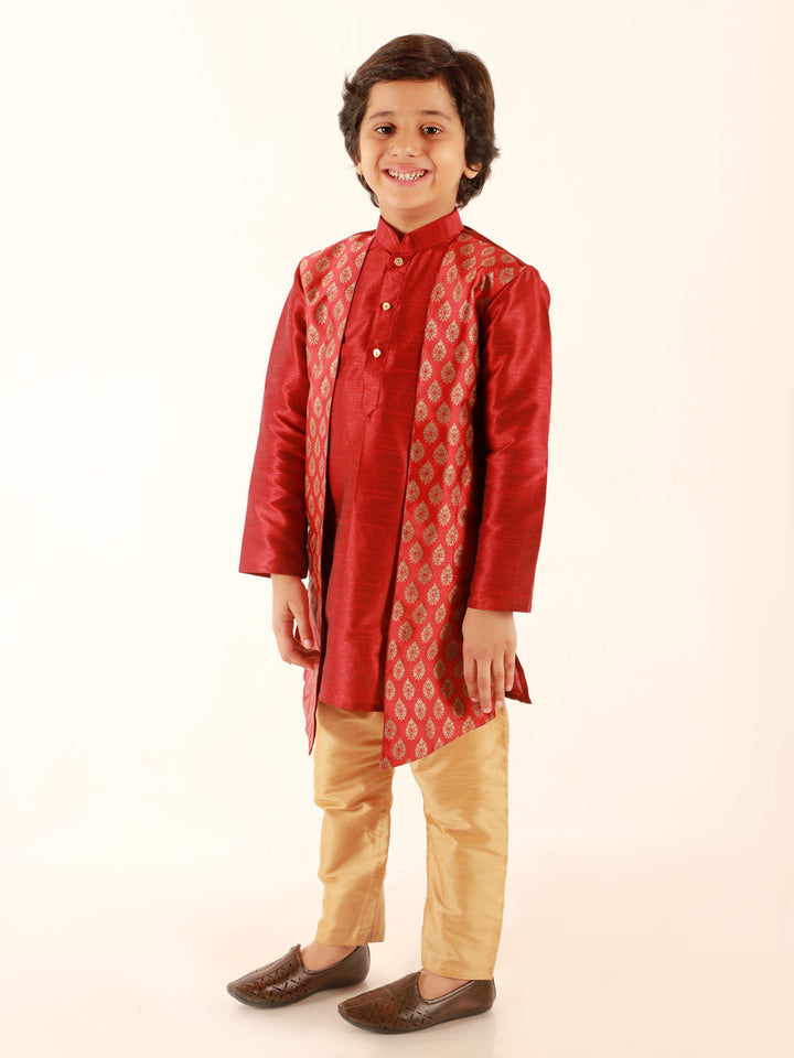 Vastramay Boys' Maroon Jacket Style Kurta And Rose Gold Pyjama Set