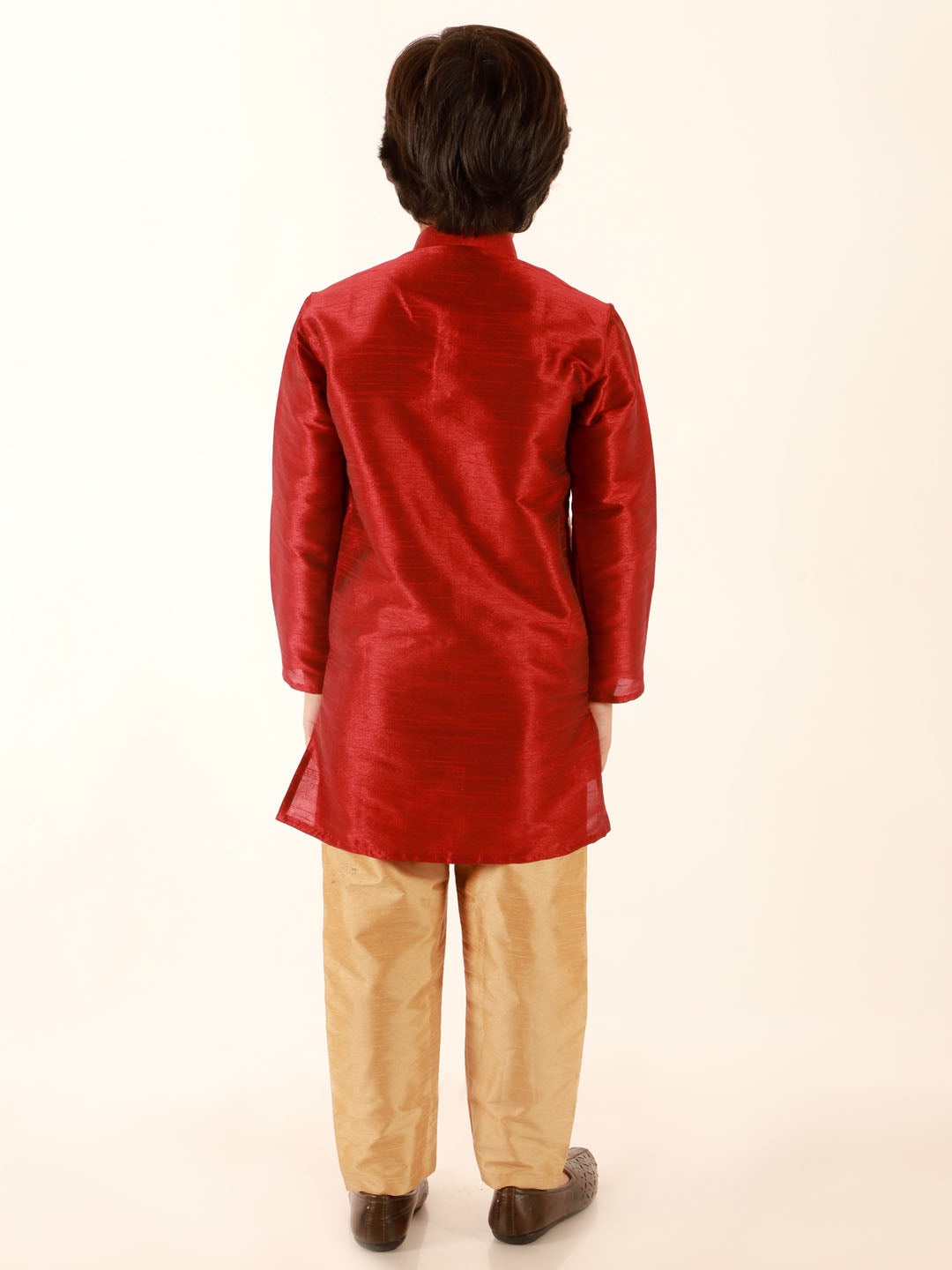 Vastramay Boys' Maroon Jacket Style Kurta And Rose Gold Pyjama Set