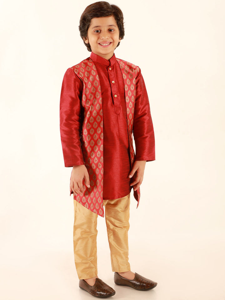 Vastramay Boys' Maroon Jacket Style Kurta And Rose Gold Pyjama Set