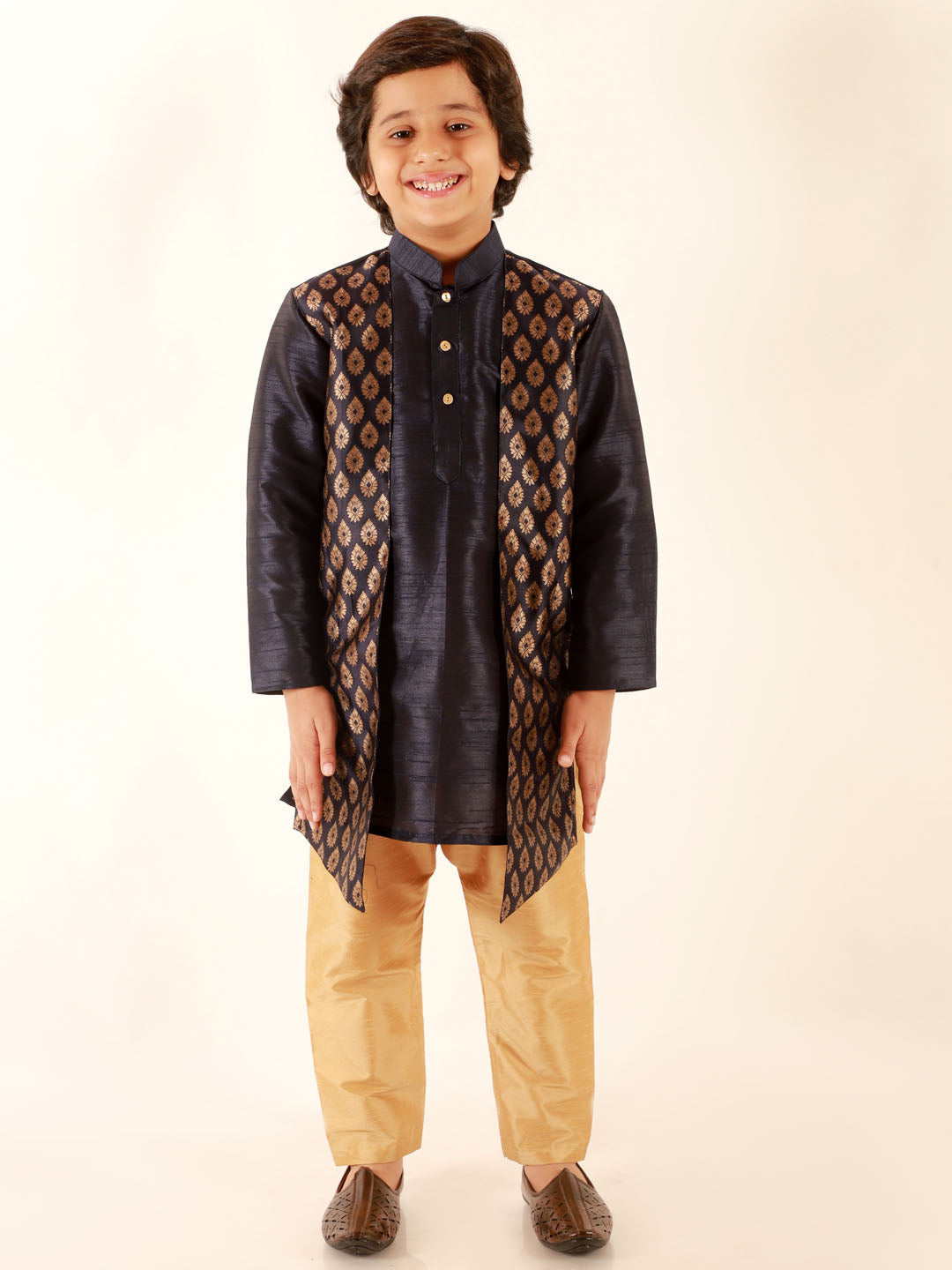 Vastramay Boys' Navy Blue Jacket Style Kurta And Rose Gold Pyjama Set