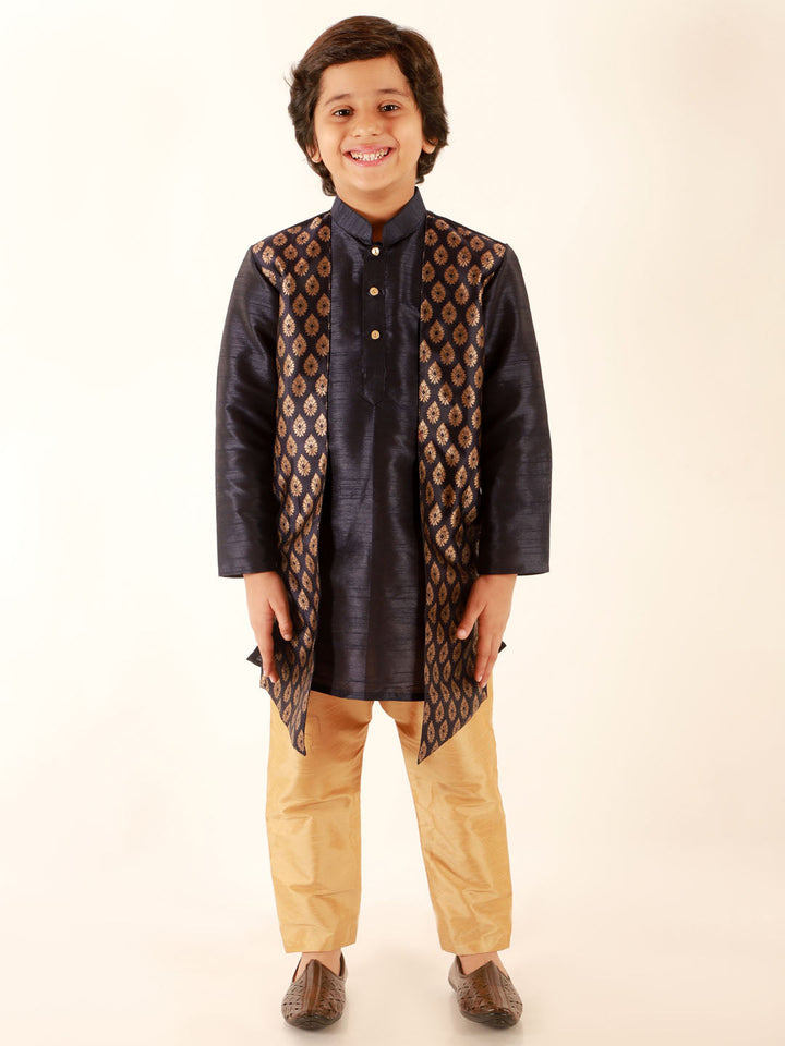 Vastramay Boys' Navy Blue Jacket Style Kurta And Rose Gold Pyjama Set