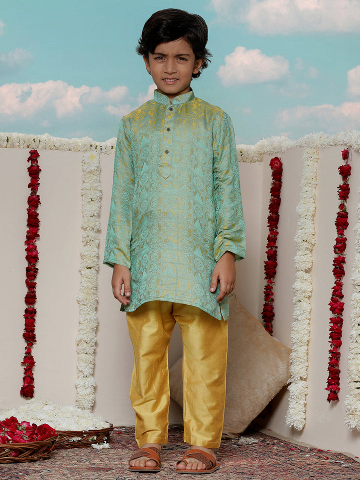 Vastramay Boys' Mustard And Green Jacquard Kurta Pyjama Set