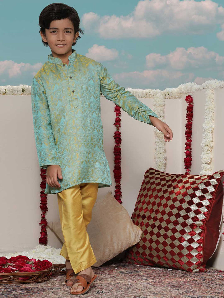 Vastramay Boys' Mustard And Green Jacquard Kurta Pyjama Set