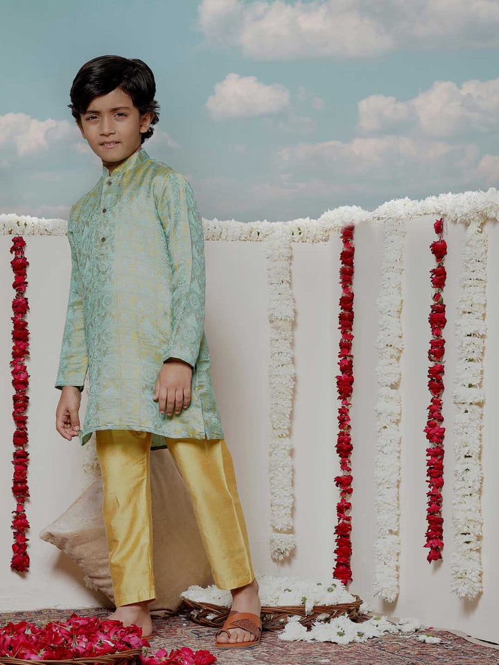 Vastramay Boys' Mustard And Green Jacquard Kurta Pyjama Set