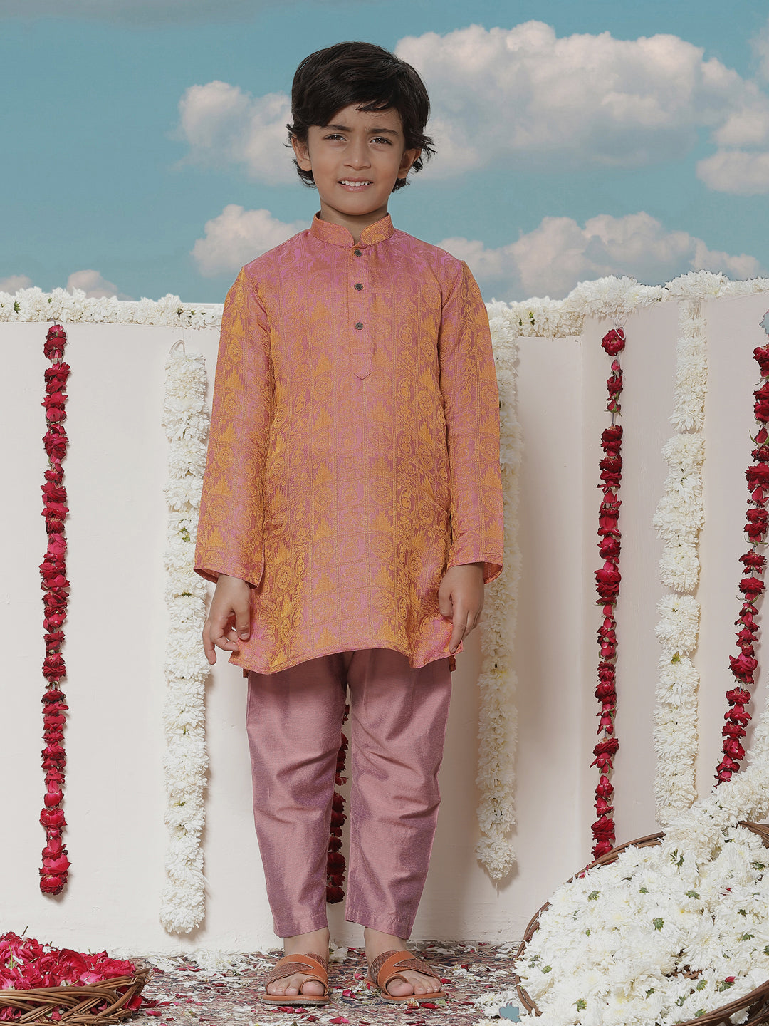 Vastramay Boys' Pink Jacquard Kurta Pyjama Set