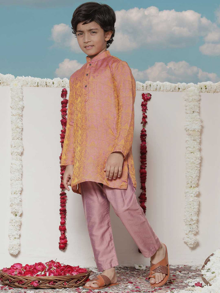 Vastramay Boys' Pink Jacquard Kurta Pyjama Set