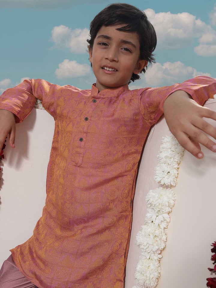 Vastramay Boys' Pink Jacquard Kurta Pyjama Set