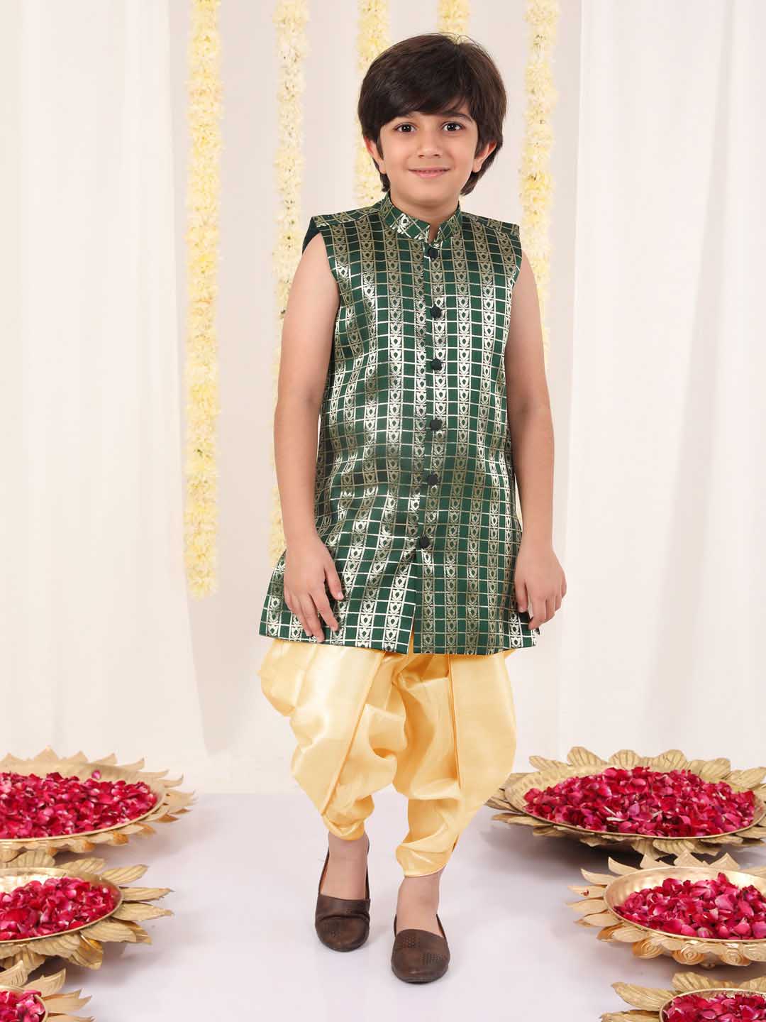 Vastramay Boys' Green Brocade Kurta Dhoti Set