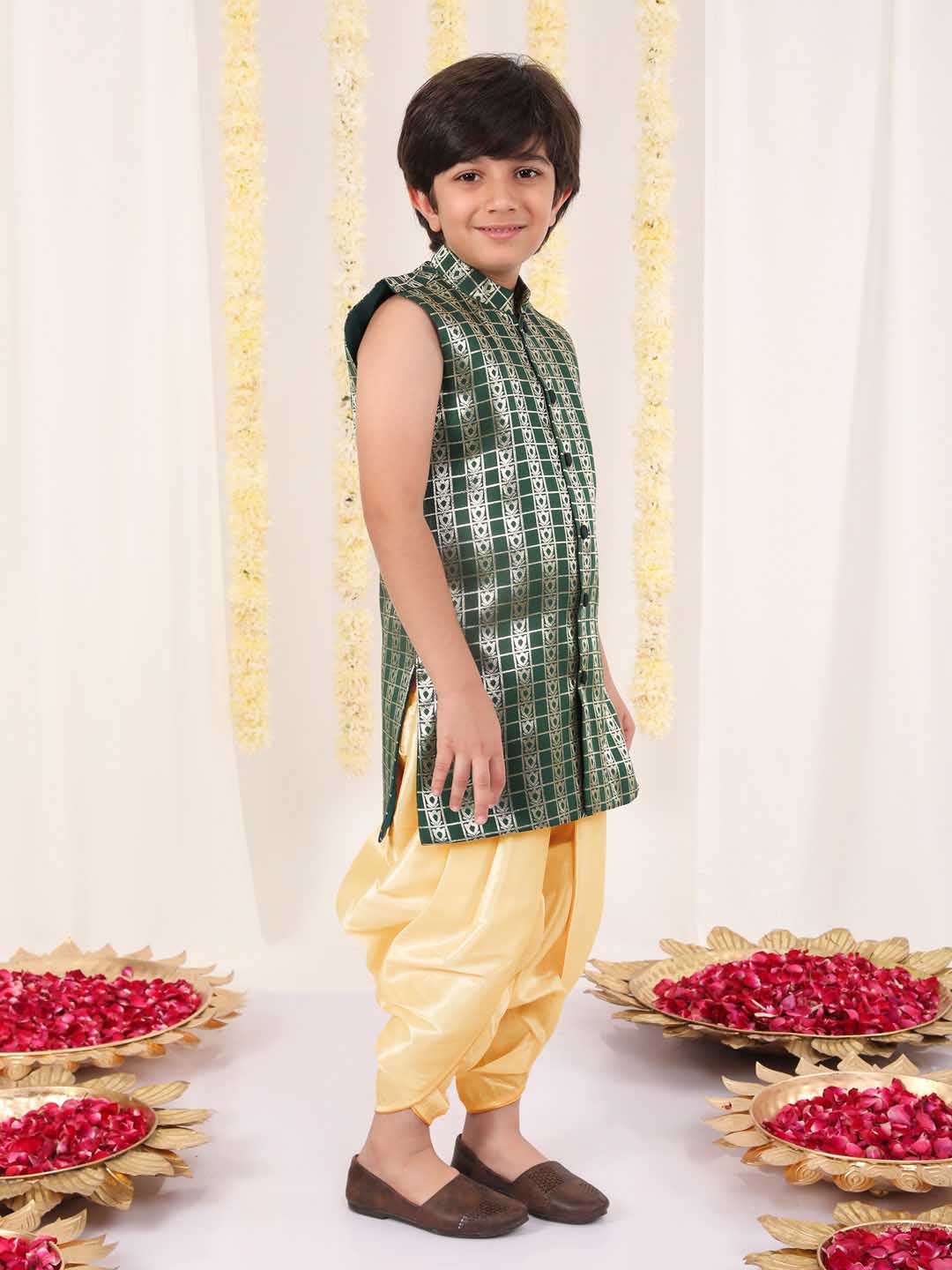 Vastramay Boys' Green Brocade Kurta Dhoti Set