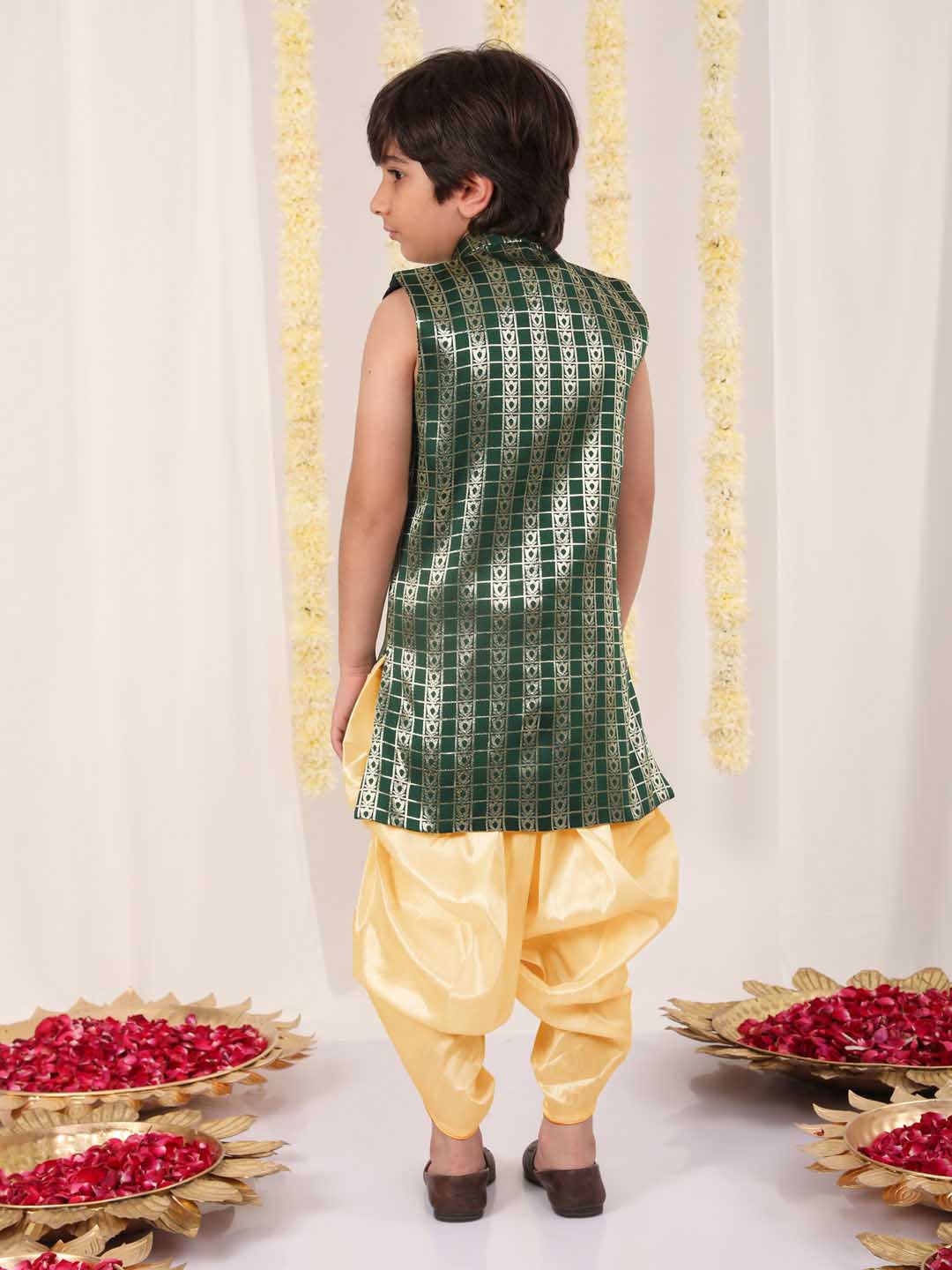 Vastramay Boys' Green Brocade Kurta Dhoti Set