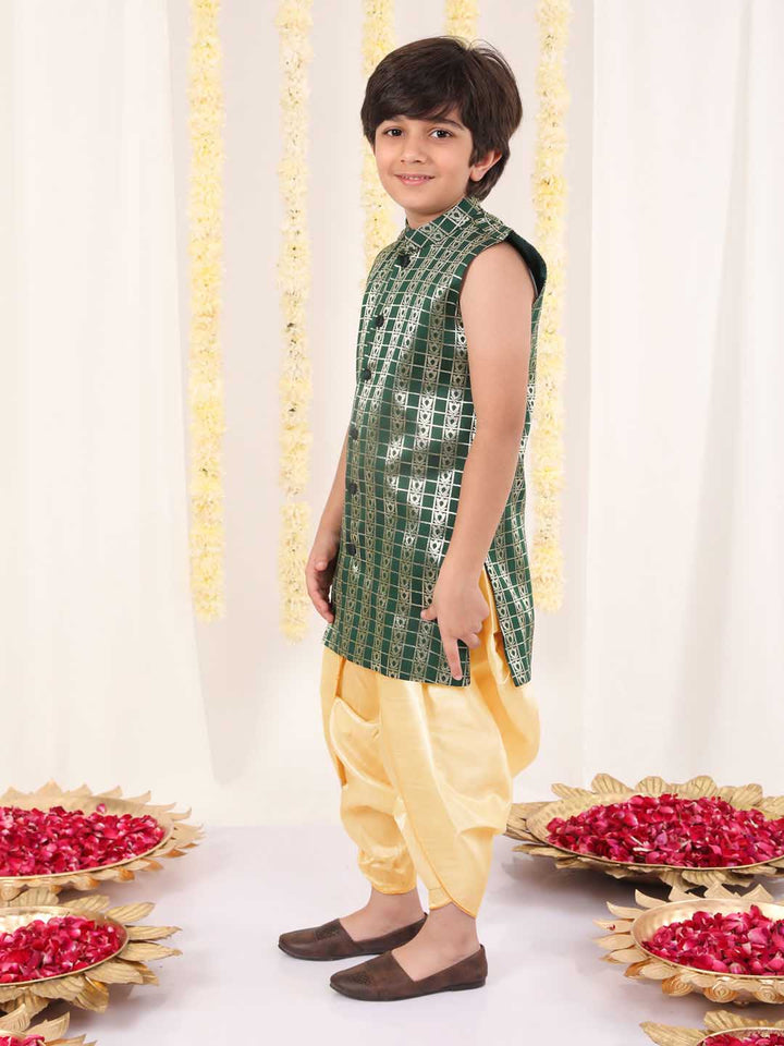 Vastramay Boys' Green Brocade Kurta Dhoti Set