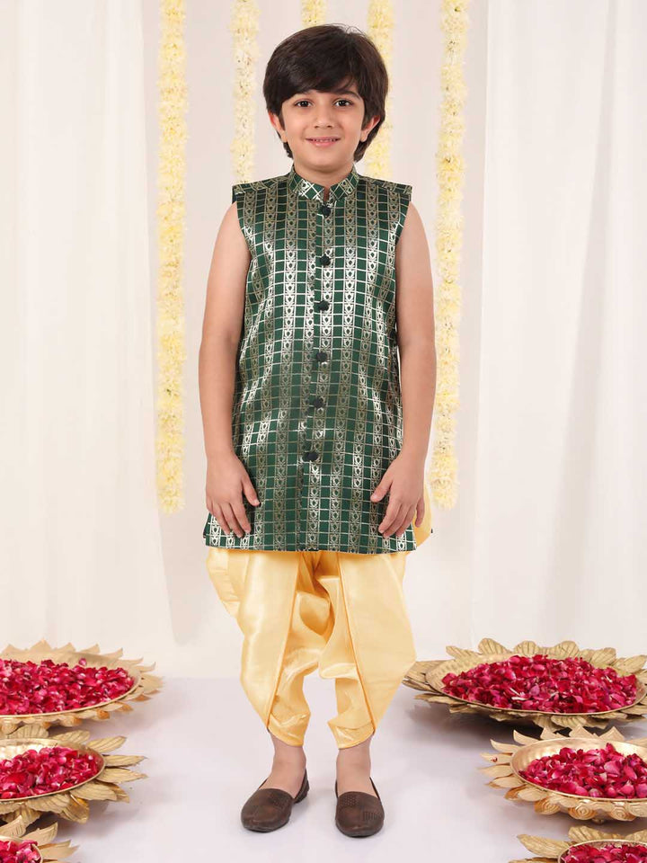 Vastramay Boys' Green Brocade Kurta Dhoti Set