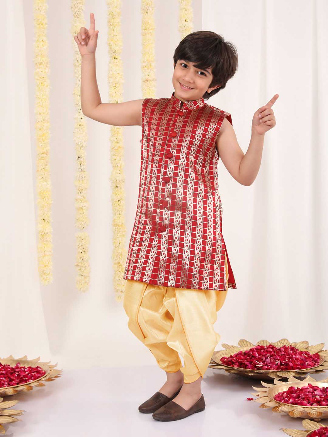 Vastramay Boys' Maroon Brocade Kurta Dhoti Set