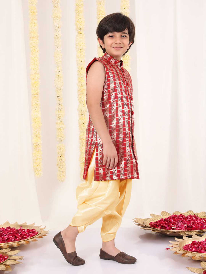 Vastramay Boys' Maroon Brocade Kurta Dhoti Set