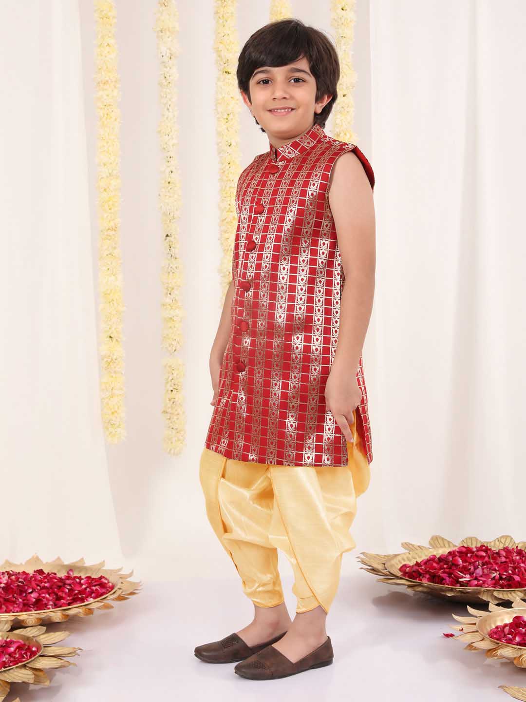 Vastramay Boys' Maroon Brocade Kurta Dhoti Set