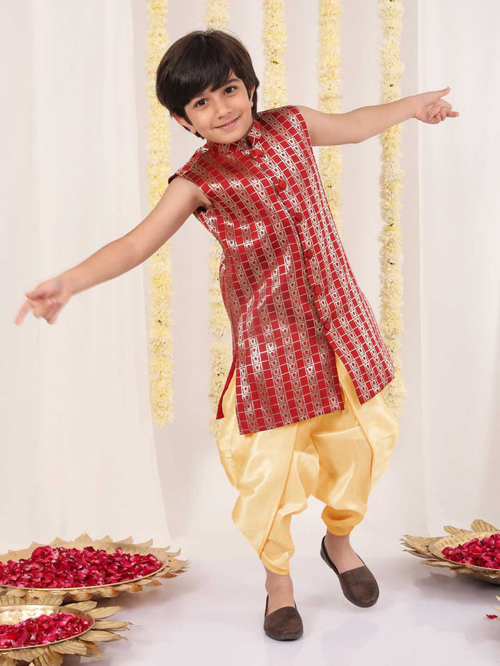 Vastramay Boys' Maroon Brocade Kurta Dhoti Set