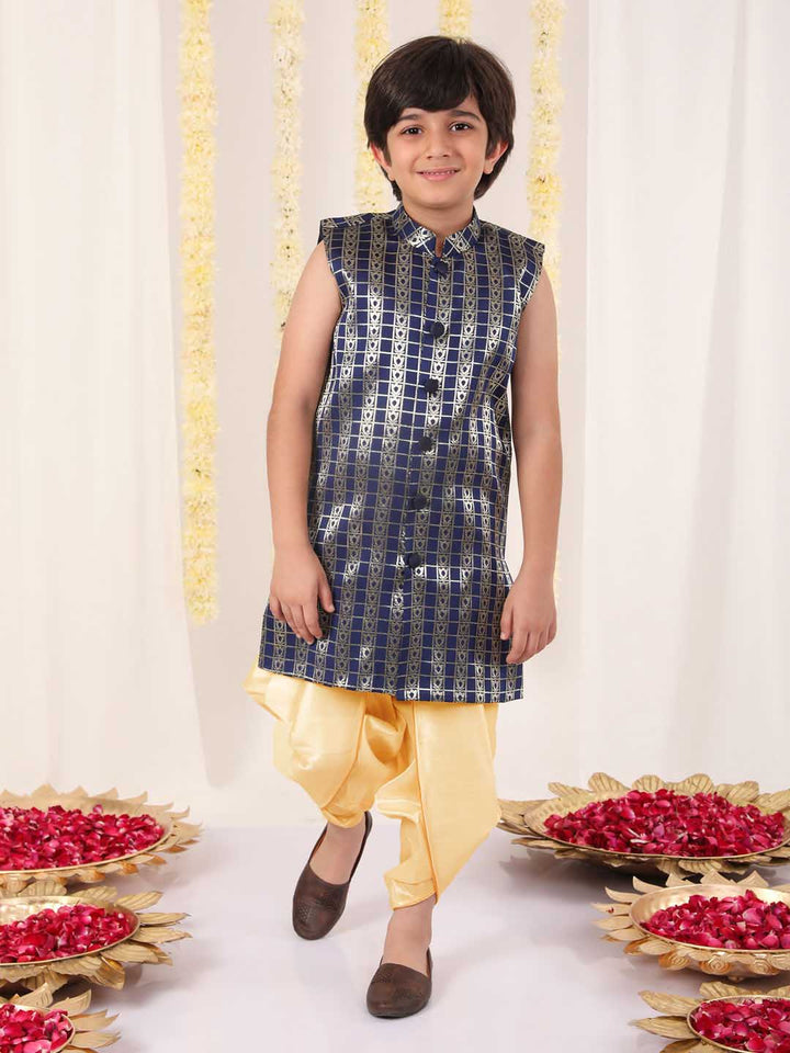 Vastramay Boys' Navy Blue Brocade Kurta Dhoti Set