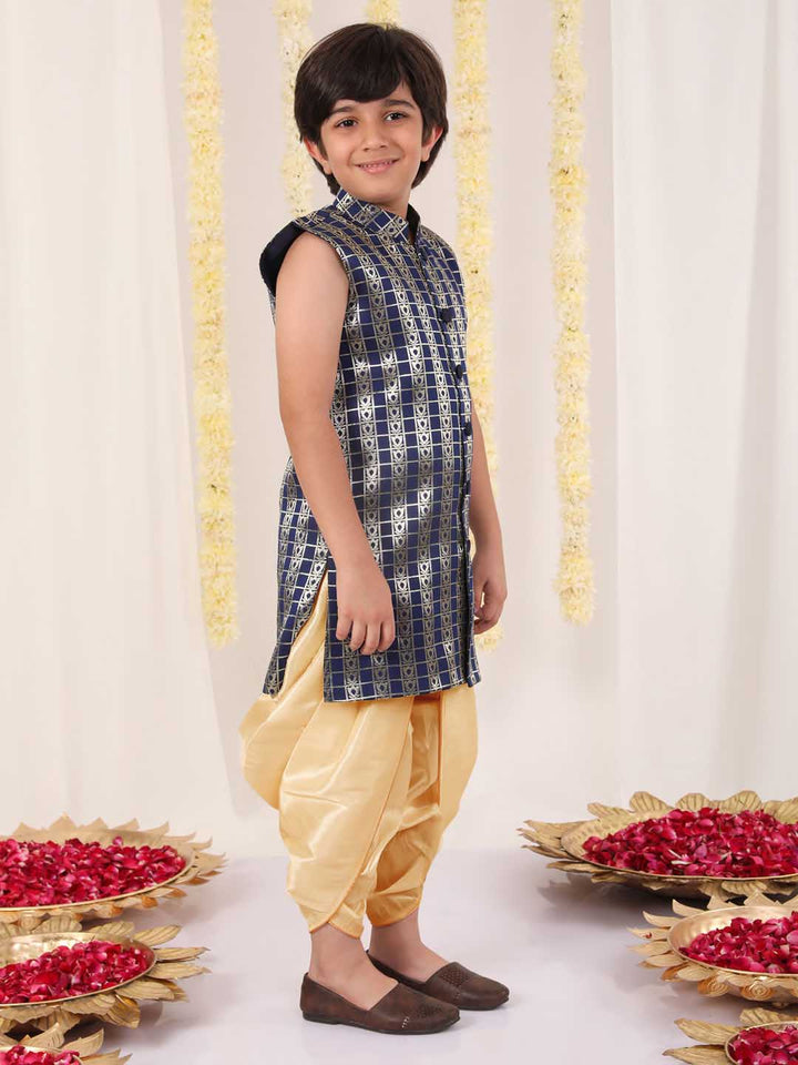 Vastramay Boys' Navy Blue Brocade Kurta Dhoti Set