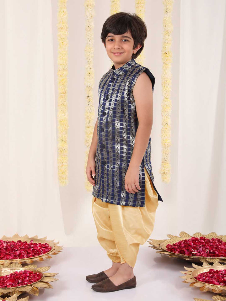 Vastramay Boys' Navy Blue Brocade Kurta Dhoti Set