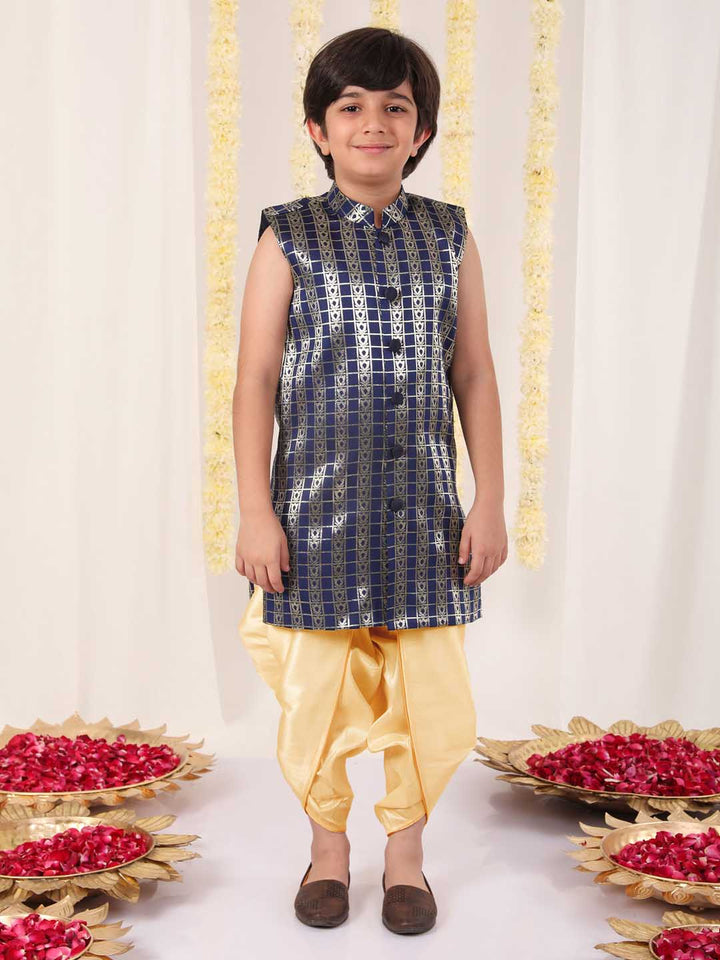 Vastramay Boys' Navy Blue Brocade Kurta Dhoti Set