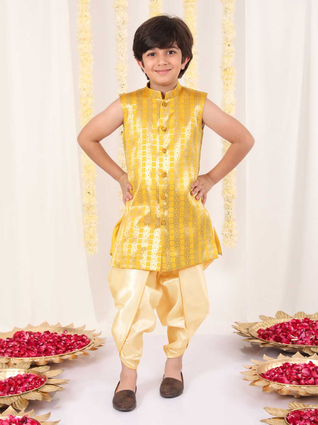 Vastramay Boys' Yellow Brocade Kurta Dhoti Set