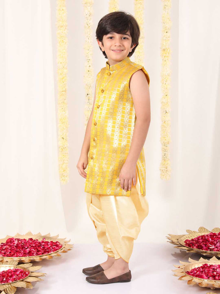 Vastramay Boys' Yellow Brocade Kurta Dhoti Set