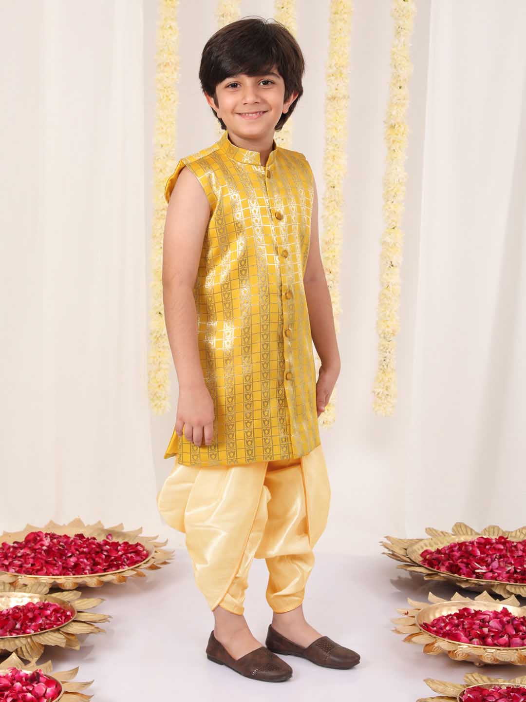 Vastramay Boys' Yellow Brocade Kurta Dhoti Set