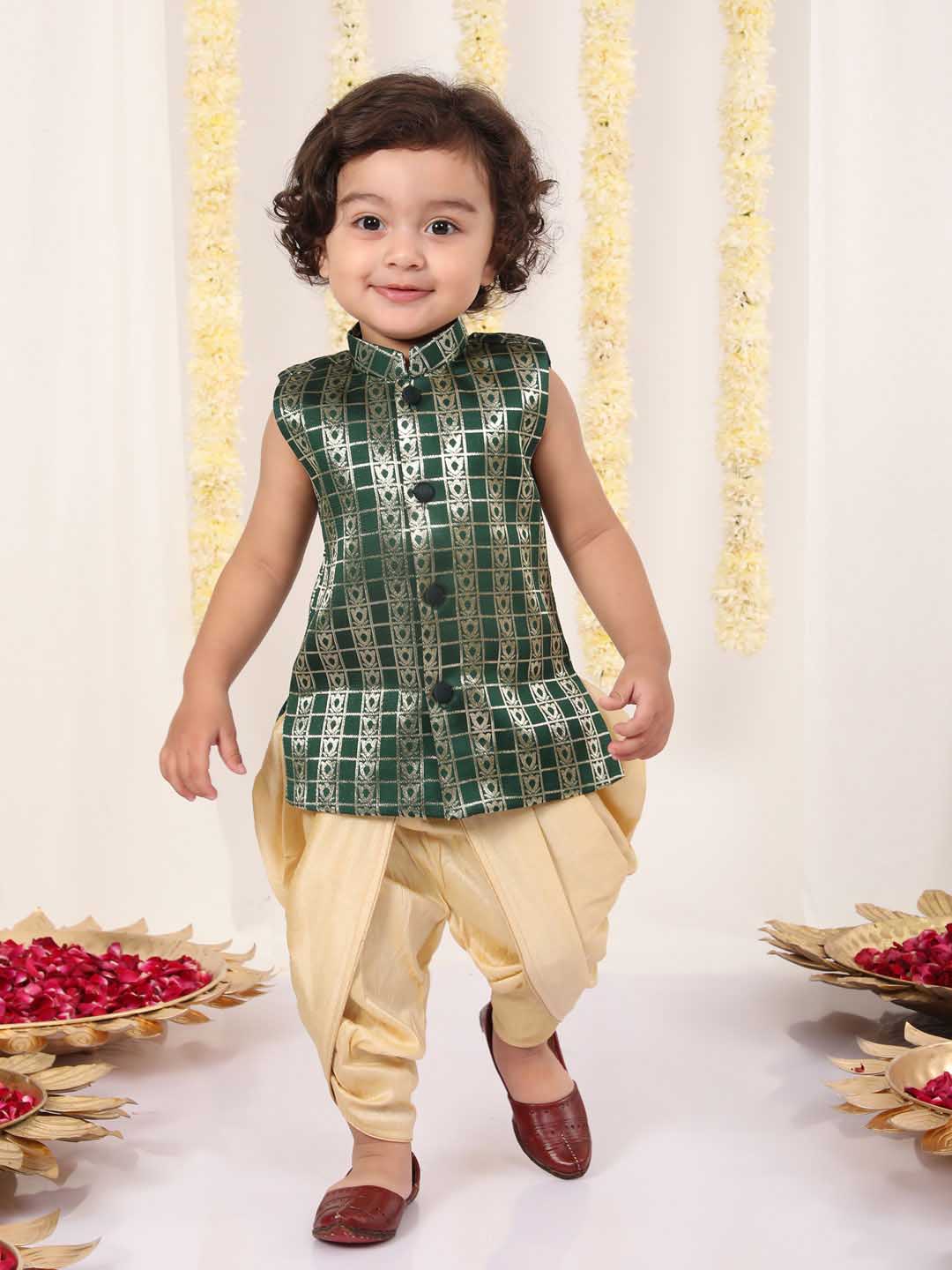 VASTRAMAY Boys' Green Brocade Kurta Dhoti Set