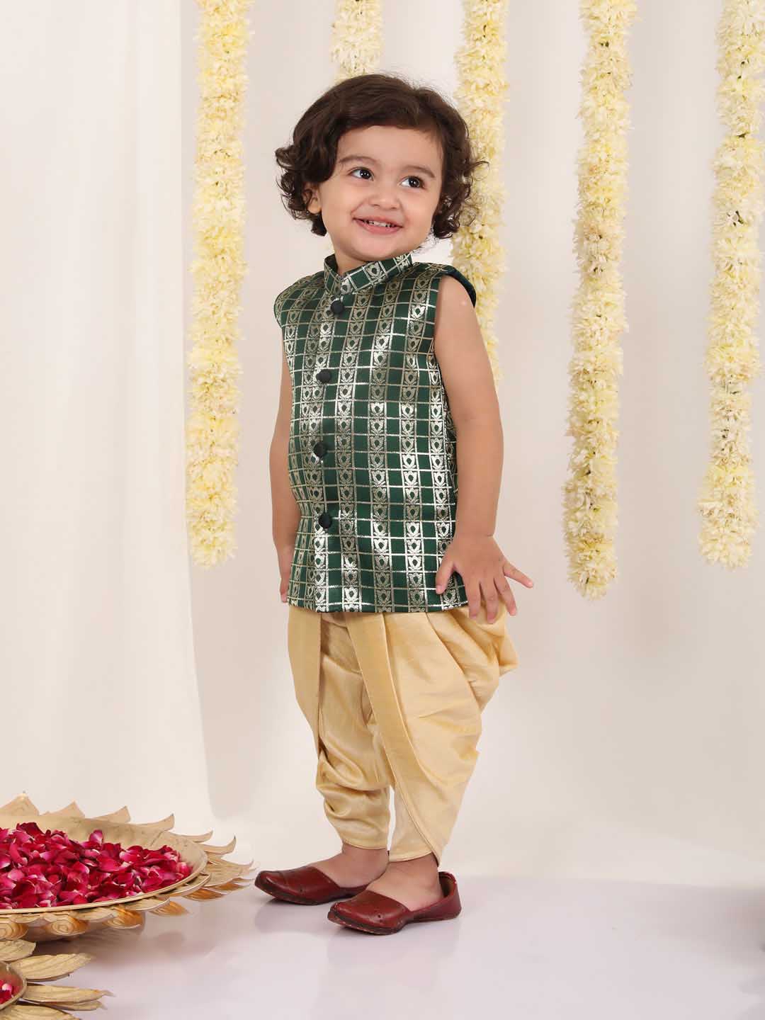 VASTRAMAY Boys' Green Brocade Kurta Dhoti Set