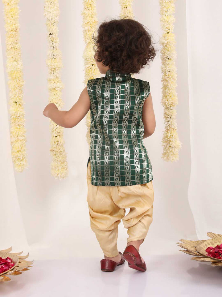 VASTRAMAY Boys' Green Brocade Kurta Dhoti Set