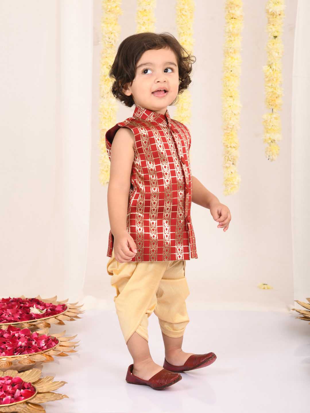 VASTRAMAY Boys' Maroon Brocade Kurta Dhoti Set