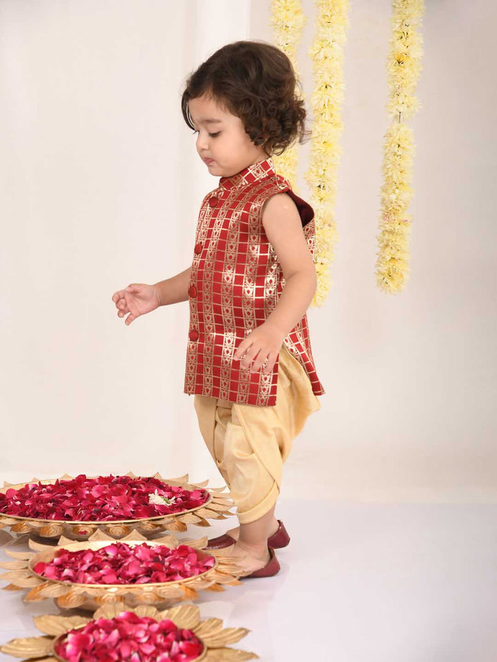 VASTRAMAY Boys' Maroon Brocade Kurta Dhoti Set