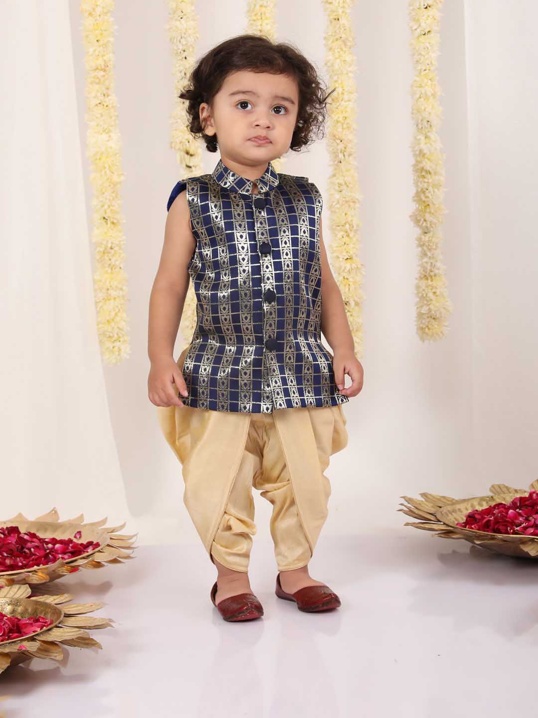 VASTRAMAY Boys' Navy Blue Brocade Kurta Dhoti Set